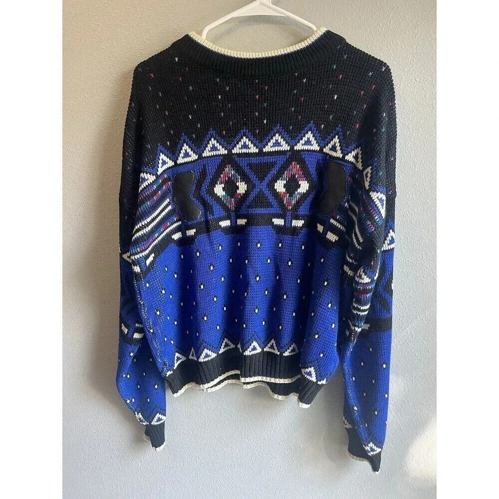 Vintage Sostanza Women's Large 90s Y2K Geometric Pullover Sweater Black Blue